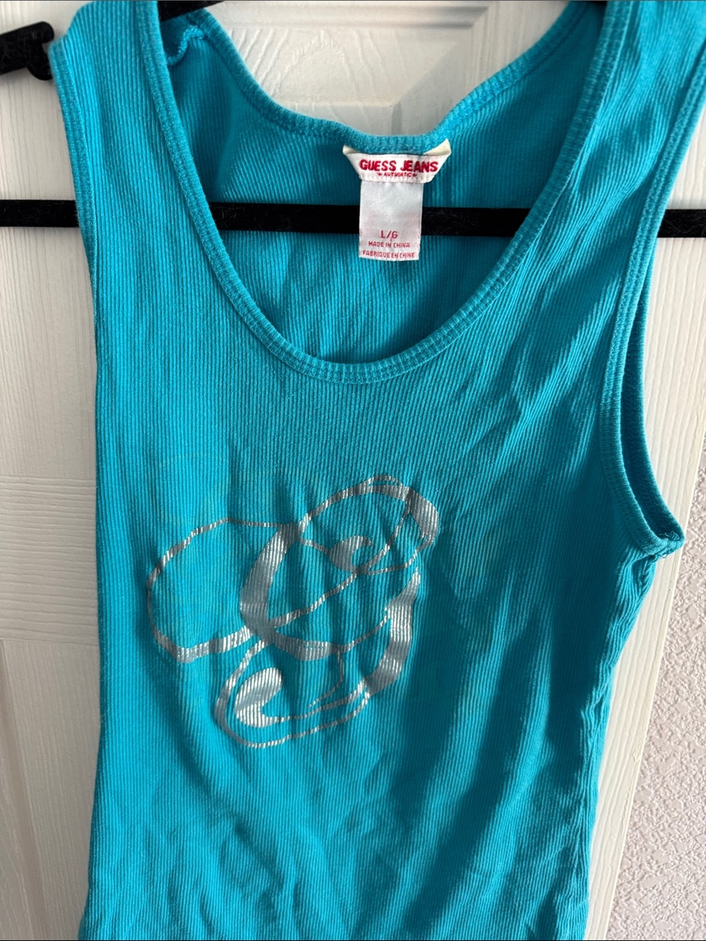 Y2K Guess Turquoise Ribbed Tank Top with Silver Graphic